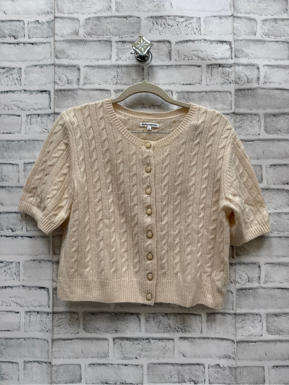 Reformation Cashmere Cream Cable Knit Short Sleeve Cardigan